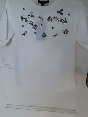 Weekend By Max Mara Print and Embroidery Embellished T-Shirt Sz S White New